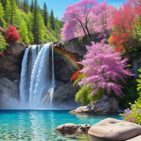 hyperrealistic, colorful, vibrant colors, perfect shading, detailed, extremely detailed, masterpiece, high quality, best quality, high resolution BREAK ((waterfall)), large waterfall, clear water, see-through water, realistic water, flowers on rocks, colorful flowers, red, purple, blue, pink, rainbow, (colorful trees), blue sky