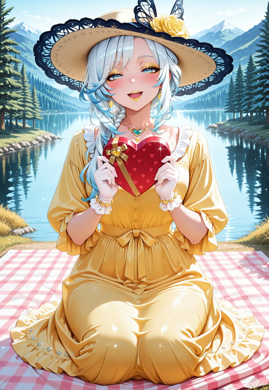 1girl, lyarah, blue eyes, white hair, blue hair tips, single braid, hair over shoulder, masterpiece, best quality, absurdres,
frilly pastel yellow sundress with frilled collar, large picture hat, fascinator, jewel necklace, heart bracelet, heart brooch, jewel brooch, lace gloves,
glossy lipstick, long eyelashes, mascara, blush, eyeshadow, makeup,
outdoors, nature, forest, pine trees, mountainous horizon, lake,
kneeling, sitting, smile, open mouth, half-closed eyes, sparkles, valentines day, picnic blanket, holding box, heart-shaped box, heart balloons,
(glittering pastel yellow clothing, glossy sparkling fabric),
intricate, beautiful, highly detailed, majestic, shallow depth of field, movie still, colorful