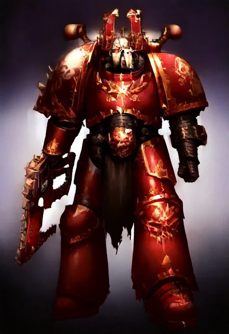 Score_9_up, absurdres, Source: GamesWorkshop, best quality, expressive eyes, perfect face, space marine, World Eaters Traitor Astartes Chapter sorceror holding a chainsword, red armor, spiked horned astartes helmet, full body, volumetric lighting project unreal engine, mantisdetailerse, adddetails, GreyK40k, <lora:PeopleCountSliderLoRAv1:2.0>, <lora:warhammerAdeptus_v1:0.7>,