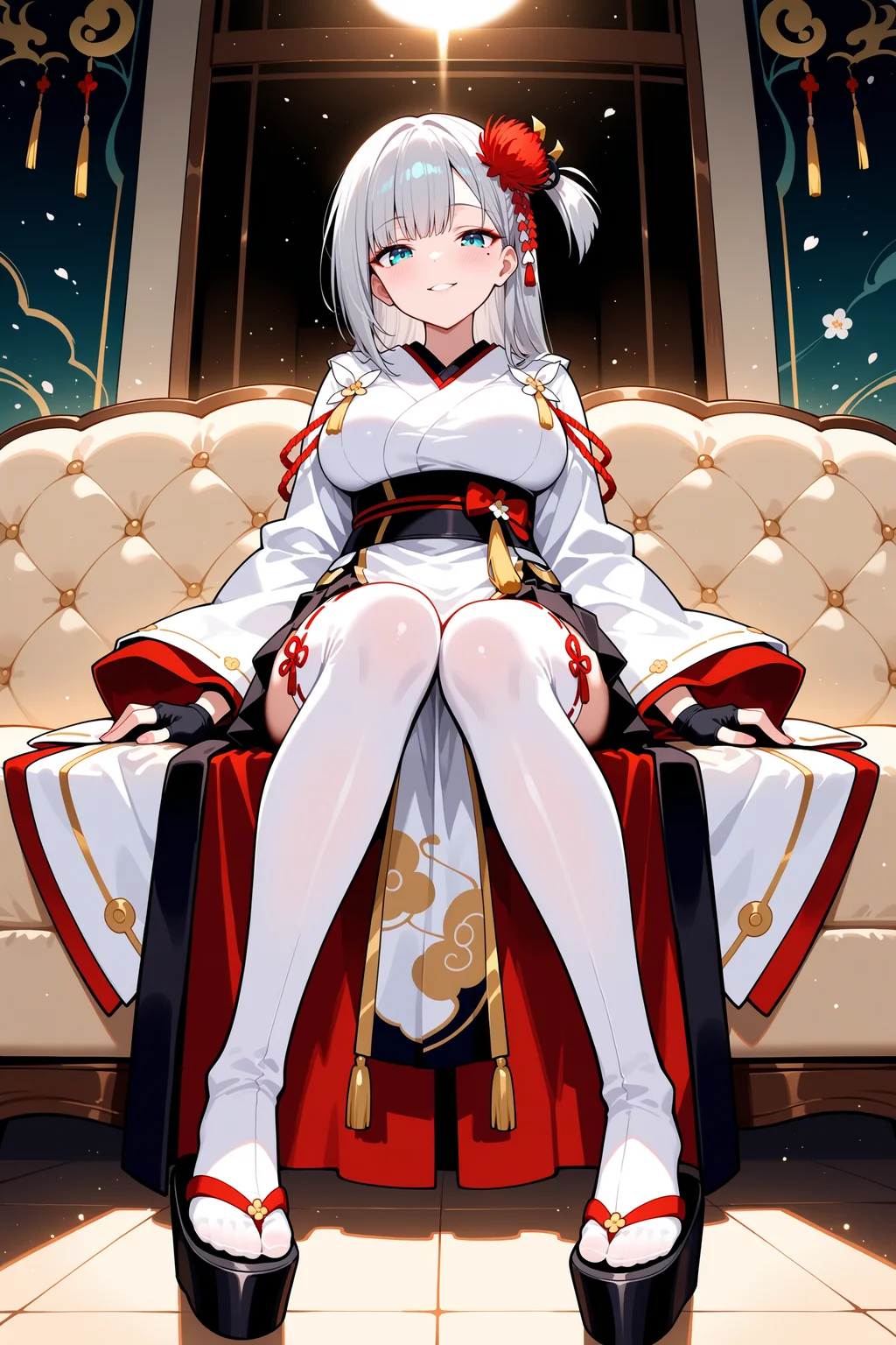masterpiece, best quality, anime, 2d, 1girl, aqua eyes, red eyeshadow, mole under eye, grey hair, one side up, red hair flower, white kimono, tassels, wide sleeves, black wristband, fingerless gloves, obi, black pleated skirt under curtain, black skirt, white pelvic curtain, long pelvic curtains, ribbon-trimmed thighhighs, okobo, <lora:ShoukakuNBCAMEq4+1v1 AL:1>, abstract, spotlight, alluring, sofa, indoors, sitting, full body, straight-on, from below, mature female, naughty face