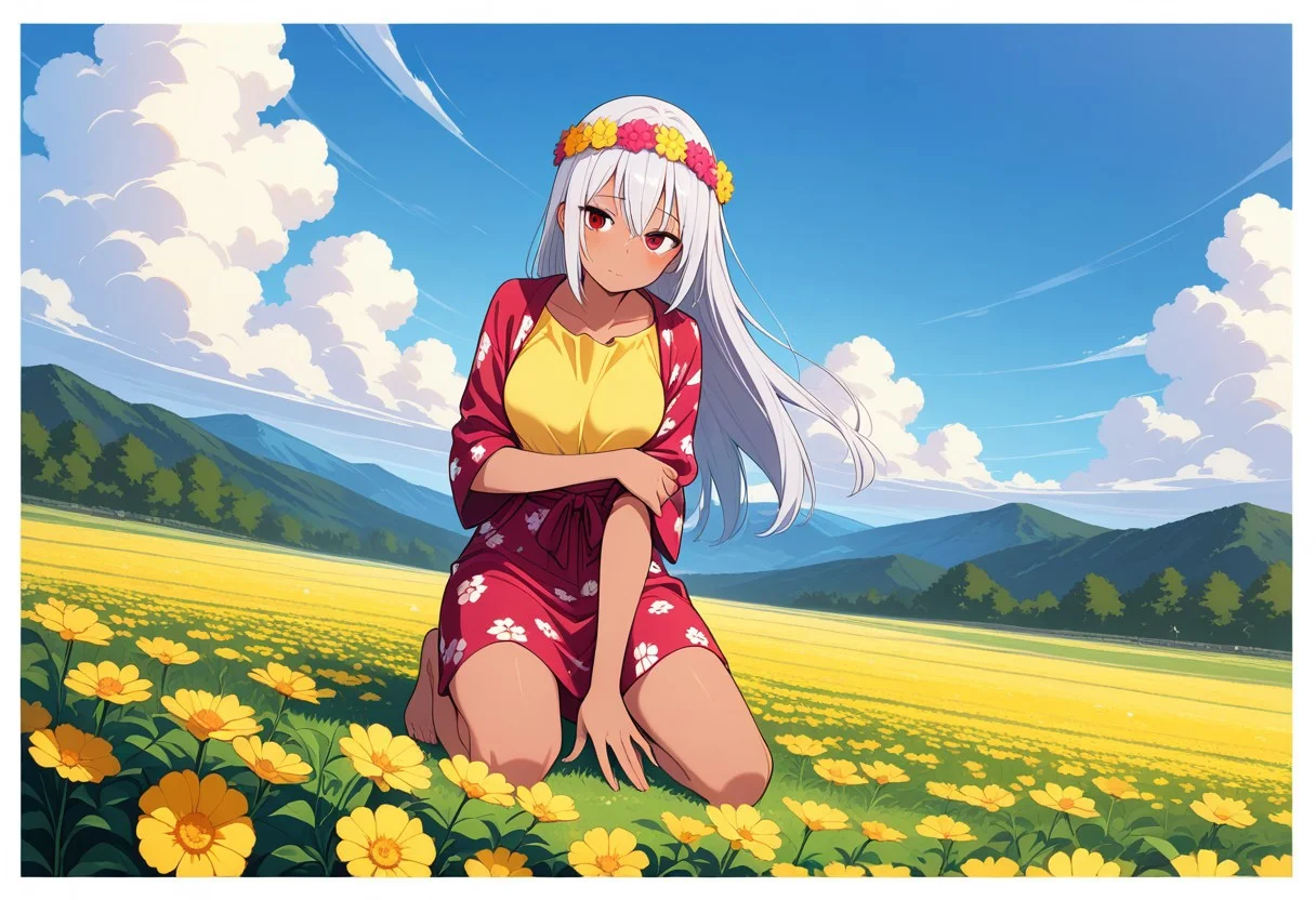 Score 9, Score 8, Score 7, Masterpiece, High Quality, Good Quality, Latest Model, High Resolution, Absurd, ((White Border)), Cinematic Lighting, High Contrast (Edge Light: 0.6), Dynamic Vision, <lora:illustriousXL_stabilizer_v1.23:0.3> <lora:NOOB_vp1_detailer_by_volnovik_v1:0.3> <lora:ponyv6_noobE11_2_adamW-000017:0.45> <lora:checkpoint-e18_s306:1.5> <lora:haiz_ai_illu:0.7>, Vibrant Colors, Bright Color, Dynamic Colors, Colorful Image, High Contrast, Saturated Colors, Thick Line, Bright Colors, Good Lighting, Color Saturation, Masterpiece, Best Quality, source_hentai,
Medium close-up,solo,1girl,
1Girl, detailed face, saggy breasts, medium breasts, long hair, silver hair, straight hair, long bangs, tanned, red eyes, shy, expressive reds,
wearing a floral print top, yellow top, yellow flowers, full body, in a garden, bright sky, daylight, sunny, fluffy clouds, cheerful, barefoot, long top, colorful flower crown, floral scene,