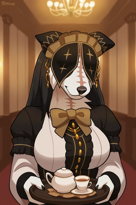 Prompt: (masterpiece, best quality, normal quality, hires, absurdres), 1girl, pestonya, anthro, furry female, covered eyes, (scar), black hair, maid dress, dinner room, detailed background, black nails, anime coloring, holding tray, tray in hands, teapot and cups on tray, maid headdress, two-toned body, happy, snout, looking at viewer,, detailed, neck tuft