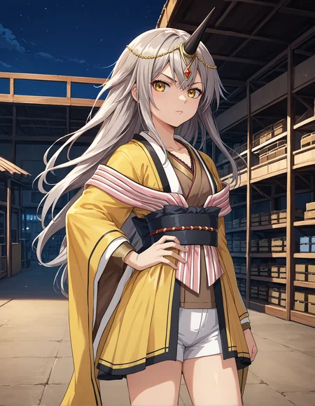 score_9, score_8_up, source_anime, 1girl, upper body, medium shot, detailed, mgrckurehayuna, grey hair, long hair, yellow eyes, looking at viewer, single horn, gold hair ornament, red hair gem, yellow kimono, brown shirt, black obi, red striped obijime, pink striped shawl, white shorts, outdoors, warehouse, night, hand on hip, serious, wind, (side view:0.7), <lora:mgrckurehayuna_XL:1>