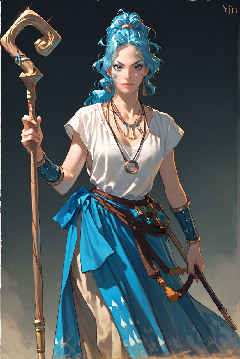 score_9, score_8_up, score_7_up,
 <lora:Versus_Style_Pony:0.7> versus_style 
 <lora:Zaybi_Versus_for_PonyXL:0.8> 1girl, z4ybi, solo, ponytail, necklace, blue hair
holding staff, makeup,