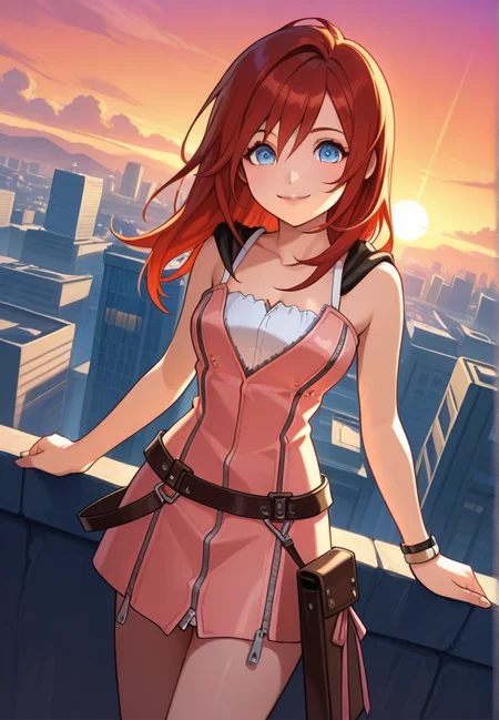 masterpiece, best quality, amazing quality, very aesthetic, absurdres, newest, detailed background, cowboy shot, outdoors, city, sunset, sky, dynamic angle, perfect eyes, beautiful eyes,
kairikh, 1girl, solo, red hair, dress, zipper, jewelry, bracelet, blue eyes, belt, smile, full body, pink dress, boots, looking at viewer
<lora:Kairi_-_Kingdom_Hearts_1-2_Illustrious:1>