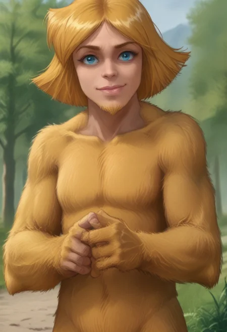 score_9,<lora:Totally_Spies_Clover:0.8>,smile,v,head tilt,closed mouth,
leaning to the side,park,solo focus,
blonde hair,short hair,
tall, thick limbs, large (kala:0.3) dark skin, yeti, bigsquatch, clover \(totally spies\), blonde hair, short hair, blue eye, on a mountain, blonde fur, female bigfoot, sasquatch, looking at viewer, breasts, sad gaze, detailed face, hairy body, detailed eyes, (detailed hands), detailed fingers, Shallow Depth of Field, hairy, FURRY BODY, yeti, (abominable snowman), very big feet, (beard) covered in yellow fur, (hairless upper lip), fluffy