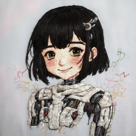 <lora:SDXL_embroidery_Sa_May_V8:1> embroidery, 16-year-old black-haired android girl, cute robot smiles, hugs and rejoices together.