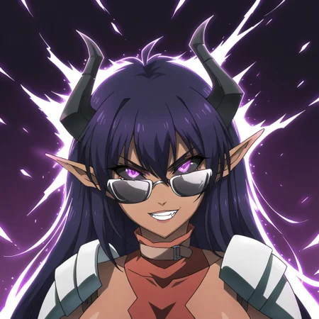 A dark elf style, with an ultra-detailed and striking appearance. Her large, bulging eyes glow in a deep purple hue, with black irises and dark purple sclera, exuding an intense, supernatural aura. Her long, dark purple hair frames her fierce expression, highlighting a wicked smile with sharp, pointed teeth, adding a sinister touch. She has long, pointed elf ears, and large black horns curve back from her head, giving her an intimidating and powerful look. She wears stylish glasses, and a skeletal mask design covers her mouth, accentuating her enigmatic nature. Dark mystical tattoos are visible on her neck, completing her mystical and intense presence against