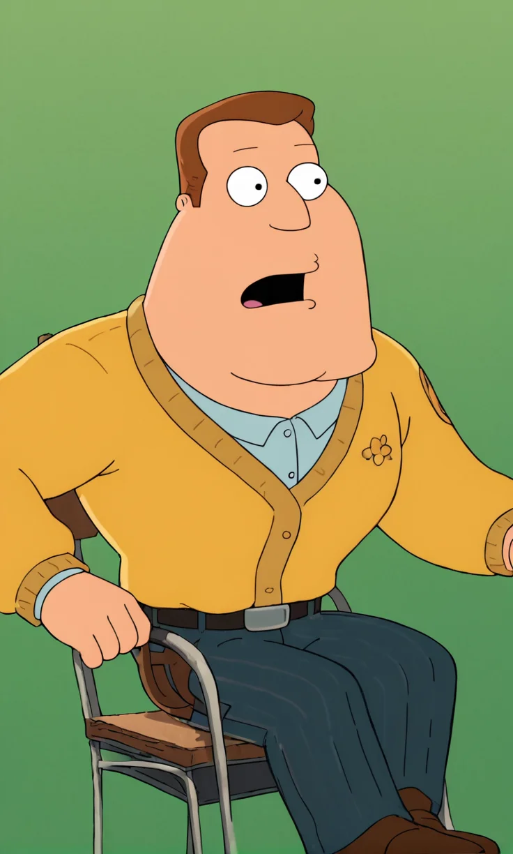 Joe_Swanson, FamilyGuy_Style, score_9_up, score_8_up, score_7_up, score_6_up, 1boy, brown hair, (legs up), (Carnelian)(Long-sleeve top:1.2), (Dark Auburn)(Pleated satin midi skirt with a metallic shine.), (spring background:1.2), (look), (open mouth), <lora:FamilyGuy_Style-000014:1>