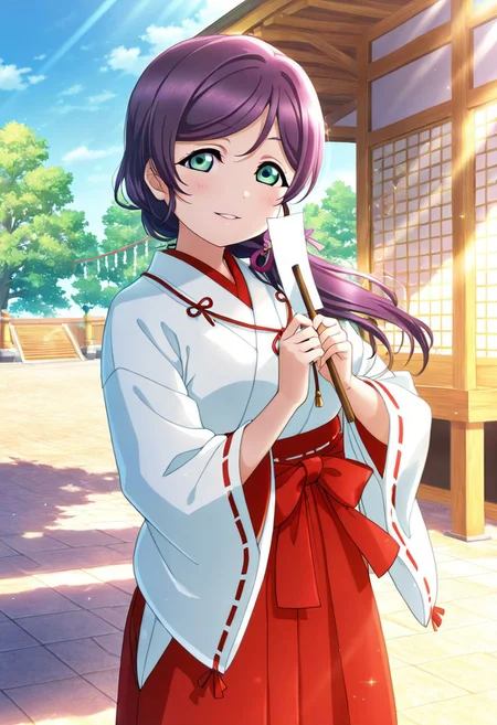 1girl, alternate_hairstyle, artist_request, blue_sky, day, gohei, hakama, hakama_skirt, highres, holding, japanese_clothes, light_smile, long_hair, long_sleeves, looking_at_viewer, love_live!, love_live!_school_idol_festival_all_stars, love_live!_school_idol_project, miko, official_art, parted_bangs, parted_lips, purple_hair, red_hakama, shide, shinto, shrine, skirt, sky, solo, sunlight, swept_bangs, toujou_nozomi, tree, wide_sleeves