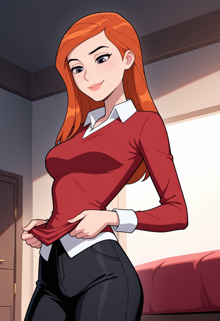 gwenuaf, 1girl, long hair, , solo, orange hair, lips, breasts, collared shirt, long sleeves, red shirt, white shirt collar, dark grey skirtt, black pants,,  solo,, orange hair, lips, breasts, masterpiece, best quality, amazing quality, very aesthetic, absurdres, newest, 
bedroom, looking down, looking at outfit, smile, pulling shirt,