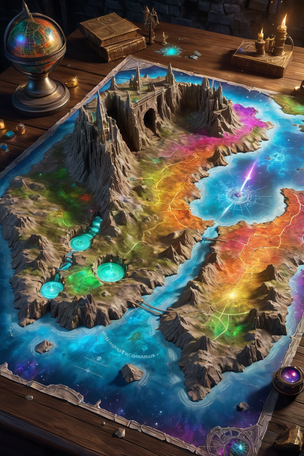 top view of a holographic magical map (3D, mining tunnels), torn and worn, map looks to be floating off the paper, sitting on a wizard's desk, magical multicolored ink, high quality, imagination, 8k, fantasy art, vivid magical colors, style-paintmagic,