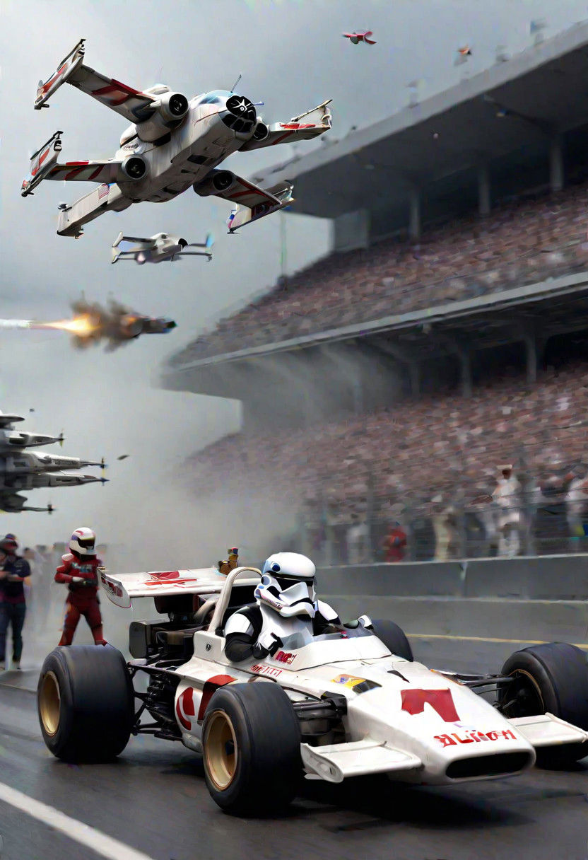 a storm trooper drifting a formula 1 X-wing seen from the side as it passes the alien crowd