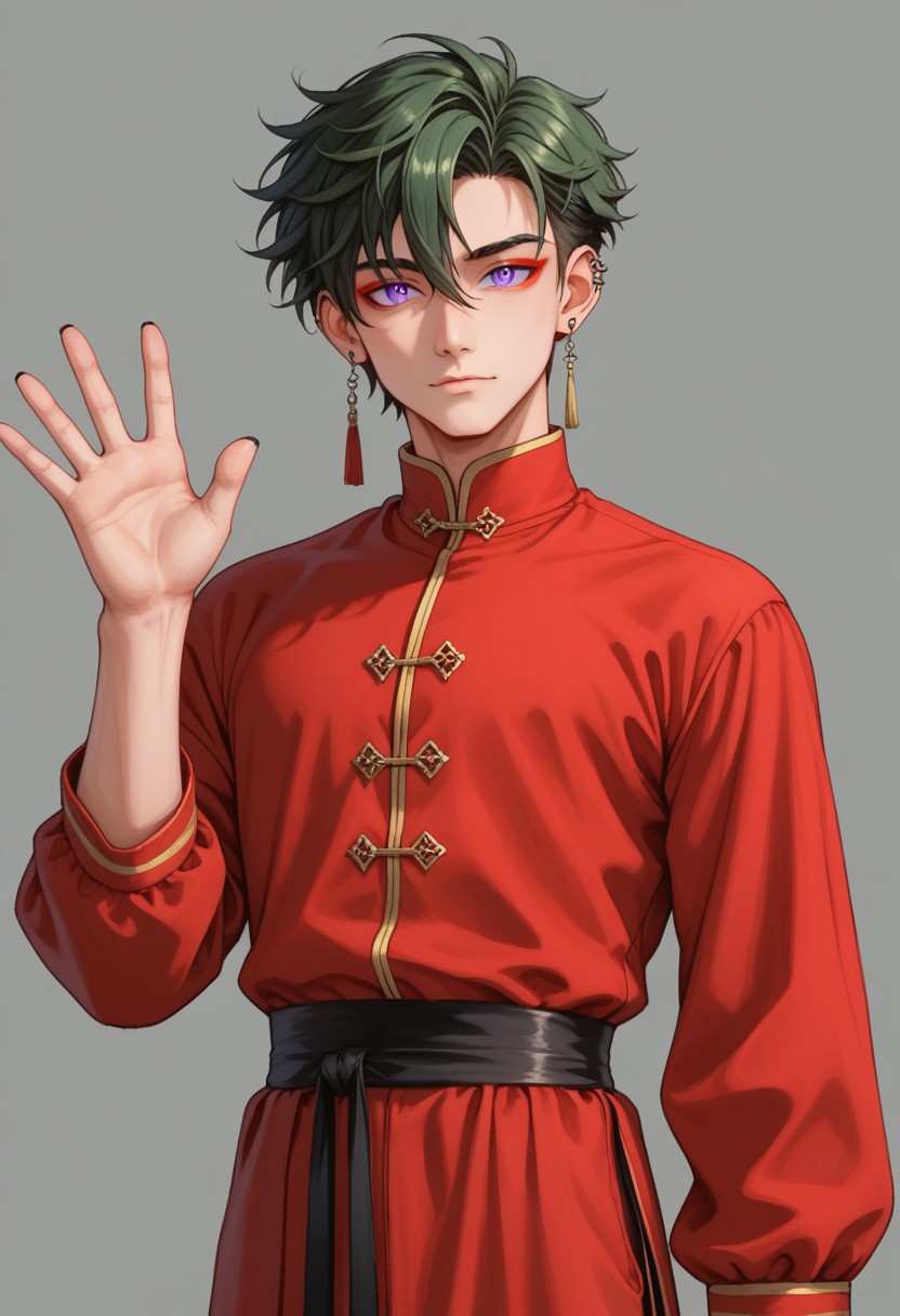 score_9, score_8_up, score_7_up, rating safe, 8k portrait, 1 boy,solo, full body, cowboy_shot, male focus, AntherimA, purple circular eyes, slit pupils, dark green hair, hair between eyes, asymmetrical hair parting, light_red_eyeshadow, ((1_earstud_left_side)), 20 years old, stoic pose, chinese_royal, chinese_clothing, waving, long large sleeves, red clothing, black_waistband, long flowing fabrics,layered clothing , black nail varnish, highly detailed, professional photography, masterpiece, (finely detailed beautiful eyes: 1.2), hdr, black_background