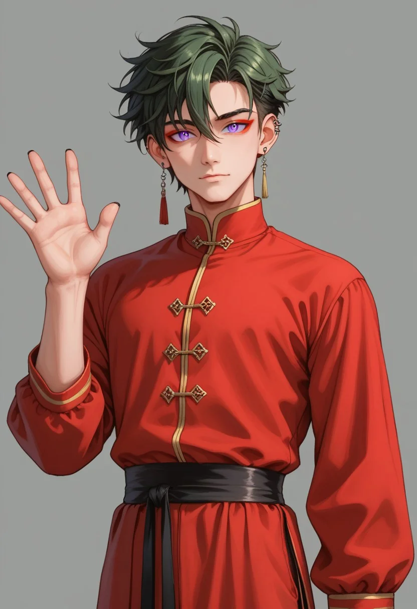 score_9, score_8_up, score_7_up, rating safe, 8k portrait, 1 boy,solo, full body, cowboy_shot, male focus, AntherimA, purple circular eyes, slit pupils, dark green hair, hair between eyes, asymmetrical hair parting, light_red_eyeshadow, ((1_earstud_left_side)), 20 years old, stoic pose, chinese_royal, chinese_clothing, waving, long large sleeves, red clothing, black_waistband, long flowing fabrics,layered clothing , black nail varnish, highly detailed, professional photography, masterpiece, (finely detailed beautiful eyes: 1.2), hdr, black_background