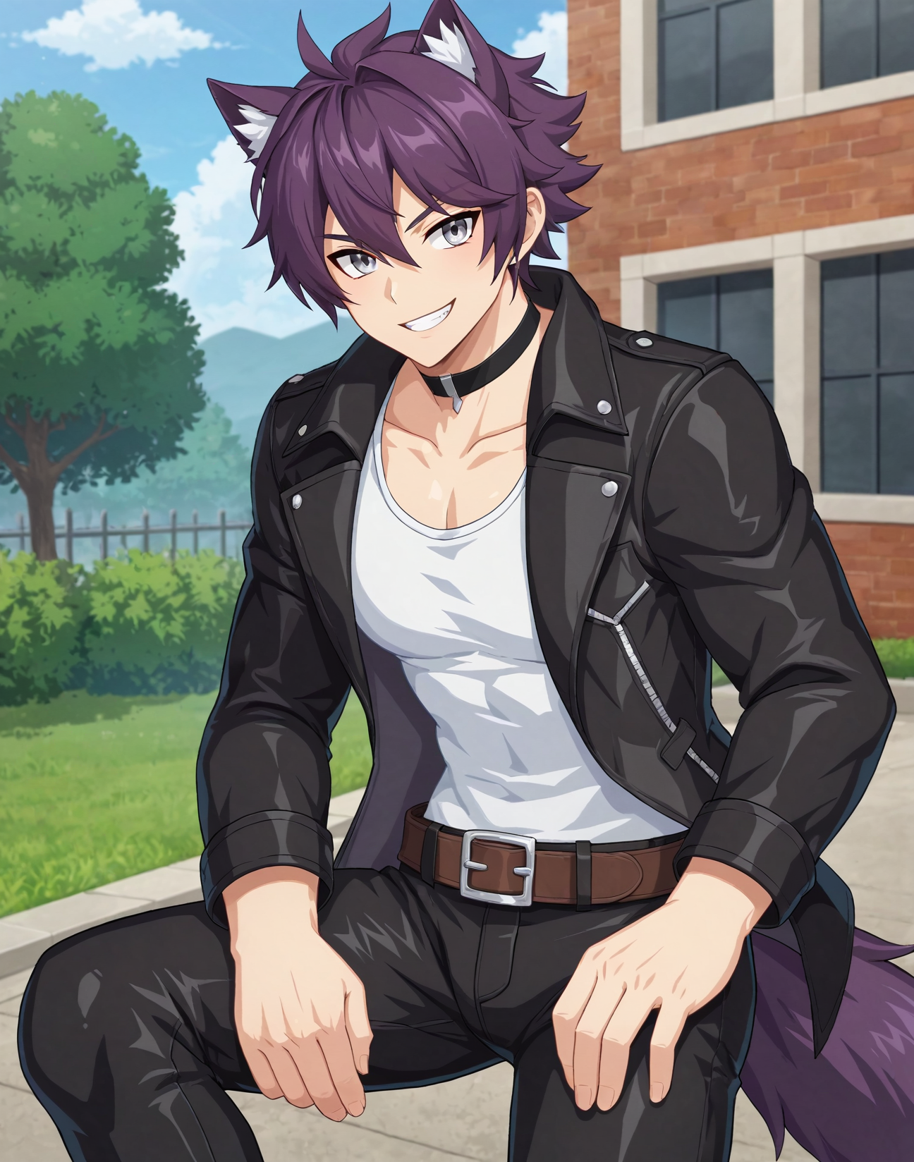 score_9, score_8_up, source_anime, original style, BREAK, rating_safe, <lora:ercnard_sieghart_pony:0.8>, straight-on,  ercnard_sieghart_pony, violet hair, gray eyes, short hair, hair between eyes, 1boy, solo, male focus, cowboy shot,  outdoors, wolf ears, wolf tail, black choker, white shirt,  black jacket, open jacket, fur-trimmed jacket, leather jacket, leather pants, leather_boots, belt,   looking at viewer, standing on one leg, hand on own knee, grin,  <lora:xl_more_art-full_v1:0.3> <lora:Lightning-8:1>