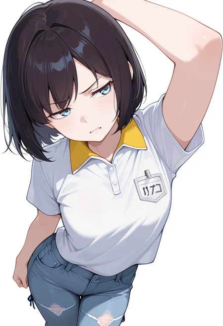 masterpiece,high quality details, absurdres,
 <lora:Sara_Takahashi:0.8> 
sara_cnr,1girl, black hair, bob cut,  short hair, bangs, blue eyes,, simple background, white background, from above,solo,, disdain,grimace,, one arm raised,body leaning to side,arms swinging,, polo shirt,dress shirt,rolled-up jeans,  ,ribbon-trimmed legwear,