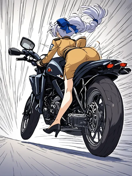 score_9, score_8_up, score_7_up, score_6_up, source_anime, BREAK
1girl, <lora:FMP_Teletha_Testarossa_Pony_v1:1>, (ultra-detailed:1.5), long sleeves, white shirt, grey hair, hair bow, bare legs, thighs, black footwear, pumps, (high heels:1.1), miniskirt, pencil skirt, military uniform, single braid, blue bow, hair over shoulder, brown jacket, brown skirt, (riding motorcycle:1.5), (hands on handlebars, holding handlebars:1.5), (speed lines, motion blur:2), (high speed chase, tokyo city, highway:1.5), serious, (leaning forward:1.3), (busy highway, cars:1.5), (looking up:1.3), yelling, from below,