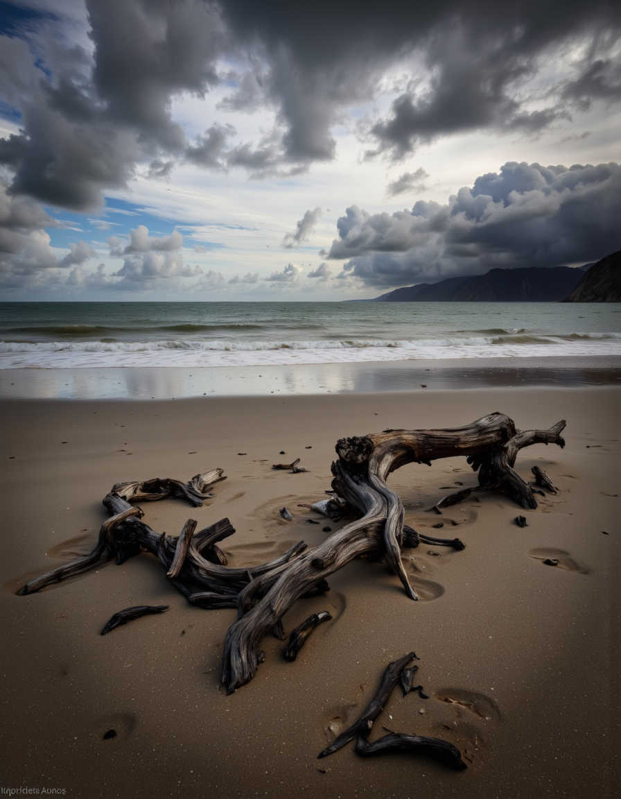 By Maria Isabel Ruiz. A long exposure shot from a distance about a beach with driftwood on the shore under a cloudy sky. the image also shows the vast expanse of the ocean with gentle waves and distant cliffs in the distance. on the foreground of the image, a large piece of driftwood lies on the sand, partially submerged in the water. the driftwood appears to be a piece of a shipwreck, with some pieces scattered around it. the sky is filled with dark, billowing clouds, creating a dramatic and moody atmosphere. the overall effect is one of serenity and tranquility.