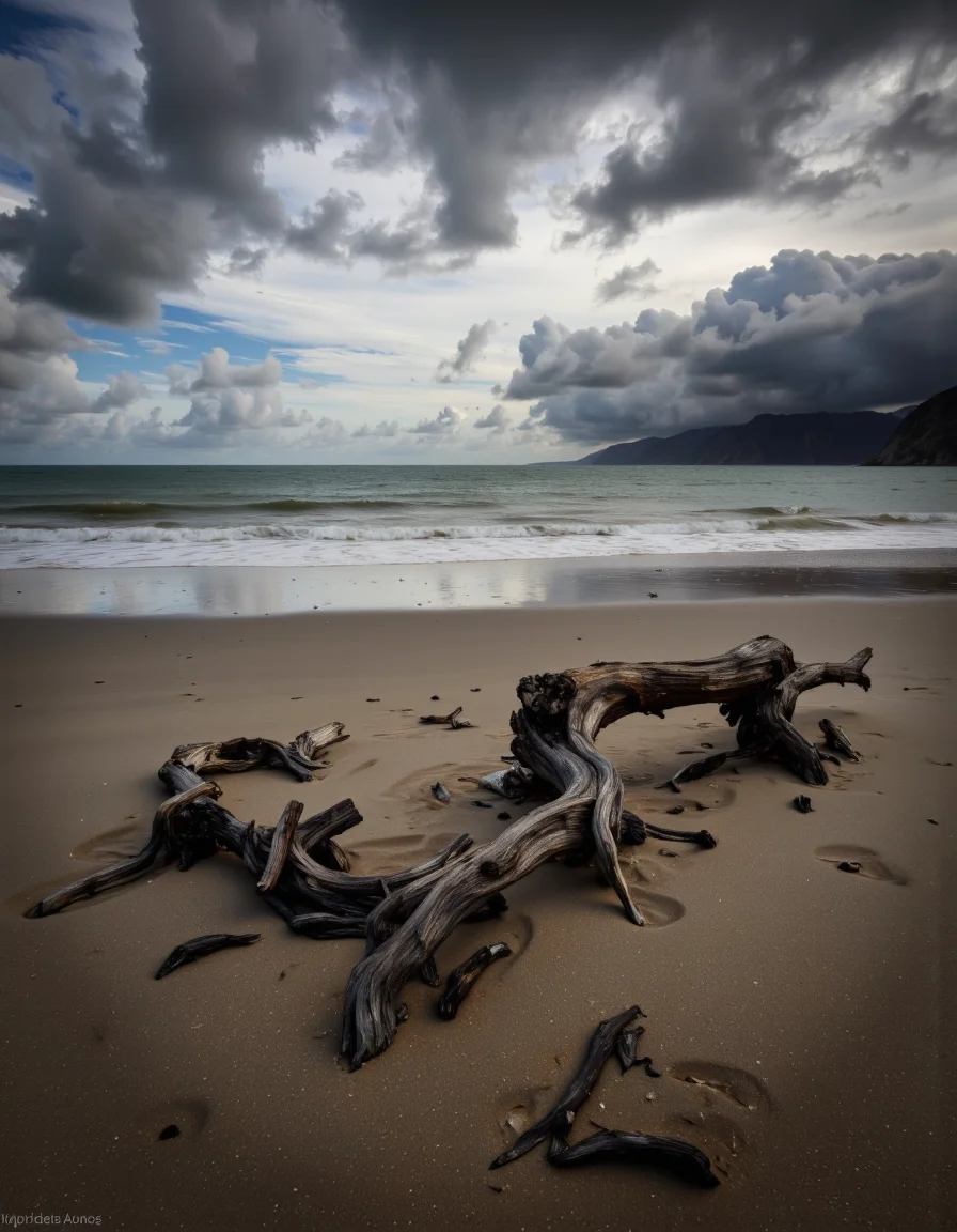 By Maria Isabel Ruiz. A long exposure shot from a distance about a beach with driftwood on the shore under a cloudy sky. the image also shows the vast expanse of the ocean with gentle waves and distant cliffs in the distance. on the foreground of the image, a large piece of driftwood lies on the sand, partially submerged in the water. the driftwood appears to be a piece of a shipwreck, with some pieces scattered around it. the sky is filled with dark, billowing clouds, creating a dramatic and moody atmosphere. the overall effect is one of serenity and tranquility.