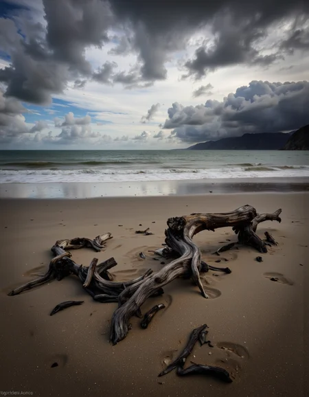 By Maria Isabel Ruiz. A long exposure shot from a distance about a beach with driftwood on the shore under a cloudy sky. the image also shows the vast expanse of the ocean with gentle waves and distant cliffs in the distance. on the foreground of the image, a large piece of driftwood lies on the sand, partially submerged in the water. the driftwood appears to be a piece of a shipwreck, with some pieces scattered around it. the sky is filled with dark, billowing clouds, creating a dramatic and moody atmosphere. the overall effect is one of serenity and tranquility.