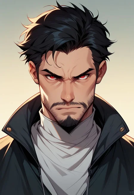 niji comix style, 1boy, male focus, solo, red eyes, looking at viewer, black hair, gradient background, short hair, facial hair, closed mouth, gradient, portrait, upper body, comic art style, illustration, comic art style, illustration PnyCmicPosXL
zPDXL2