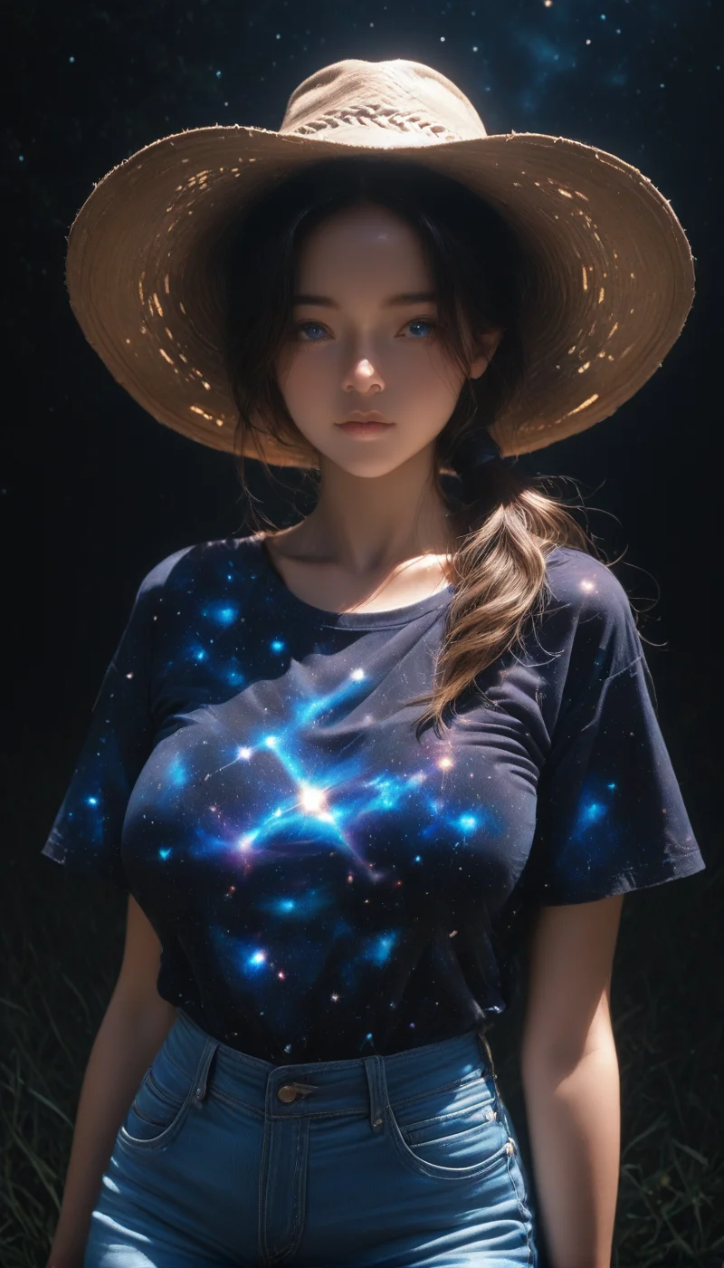<lora:LCMTurboMix_Euler_A_fix:1> <lora:example_SDXL:0.3>, EZRealPONYXL, <lora:Dramatic Lighting Slider:3> <lora:realistic filter [IL]: 1>
DSLR,realistic,cosplay photo, (very awa,masterpiece,best quality,year 2024,newest,absurdres,highres:1), realistic,skin texture,facial features, photography shot with Canon EOS 5D Mark IV , realistic, RAW, best quality, masterpiece, amazing quality, skin details,
highly detailed beautiful face, large natural breasts,
detailed background, shiny skin, dutch angle, night, moonlight,
beautiful detailed eyes, intricate details, absurdres, anime screencap,
<lora:AddMicroDetails_Illustrious: 0.5> , addmicrodetails,
artist: onono imoko, artist: taesi,
high_quality, highres, detailed, masterpiece, best quality, absurdres, woman wearing Jedcwb, cowboy outfit, wide-brim hat, bandana, jeans,  black background, over-the-shoulder ponytail, bangs,  posing,  diagonal_angle,   <lora:CowgirlIL-000002:1>
 <lora:galaxyXLP:1> (galaxy print shirt : 1.5), (galaxy sky 1.5),