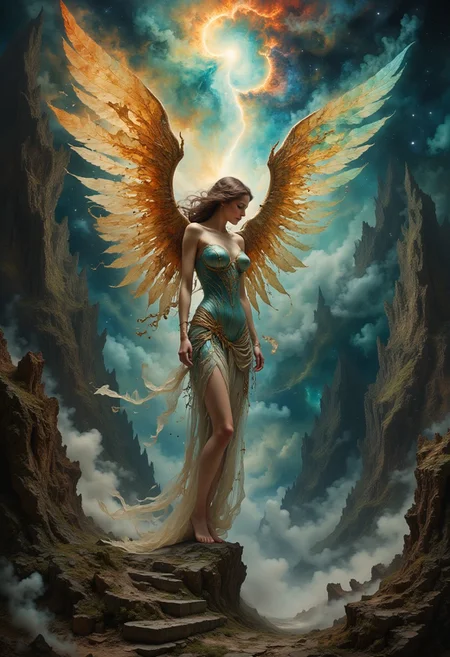 feminine angel bringing a light to a valley of darkness full of monsters