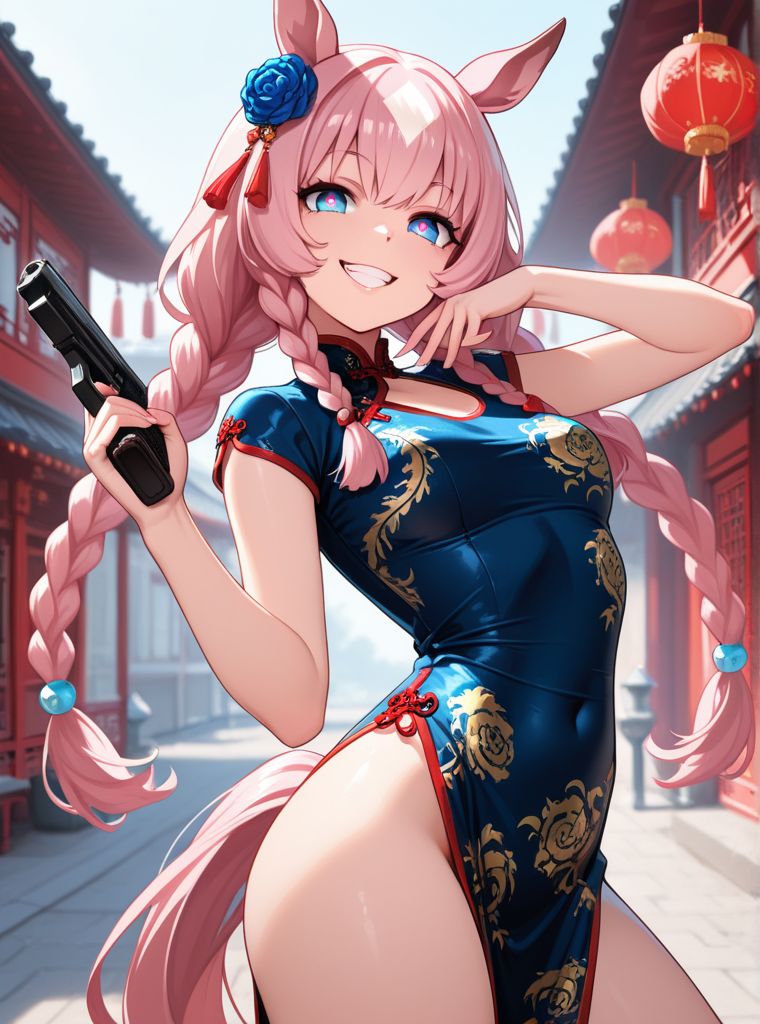 nfsw, sexy, splitty , 1girl, masterpiece, twin braids, solo, looking at viewer, blue eyes, long hair, pink hair, grin, pink pupils, outdoors, horse ears, horse girl, tongue, china dress, handgun, hyper details