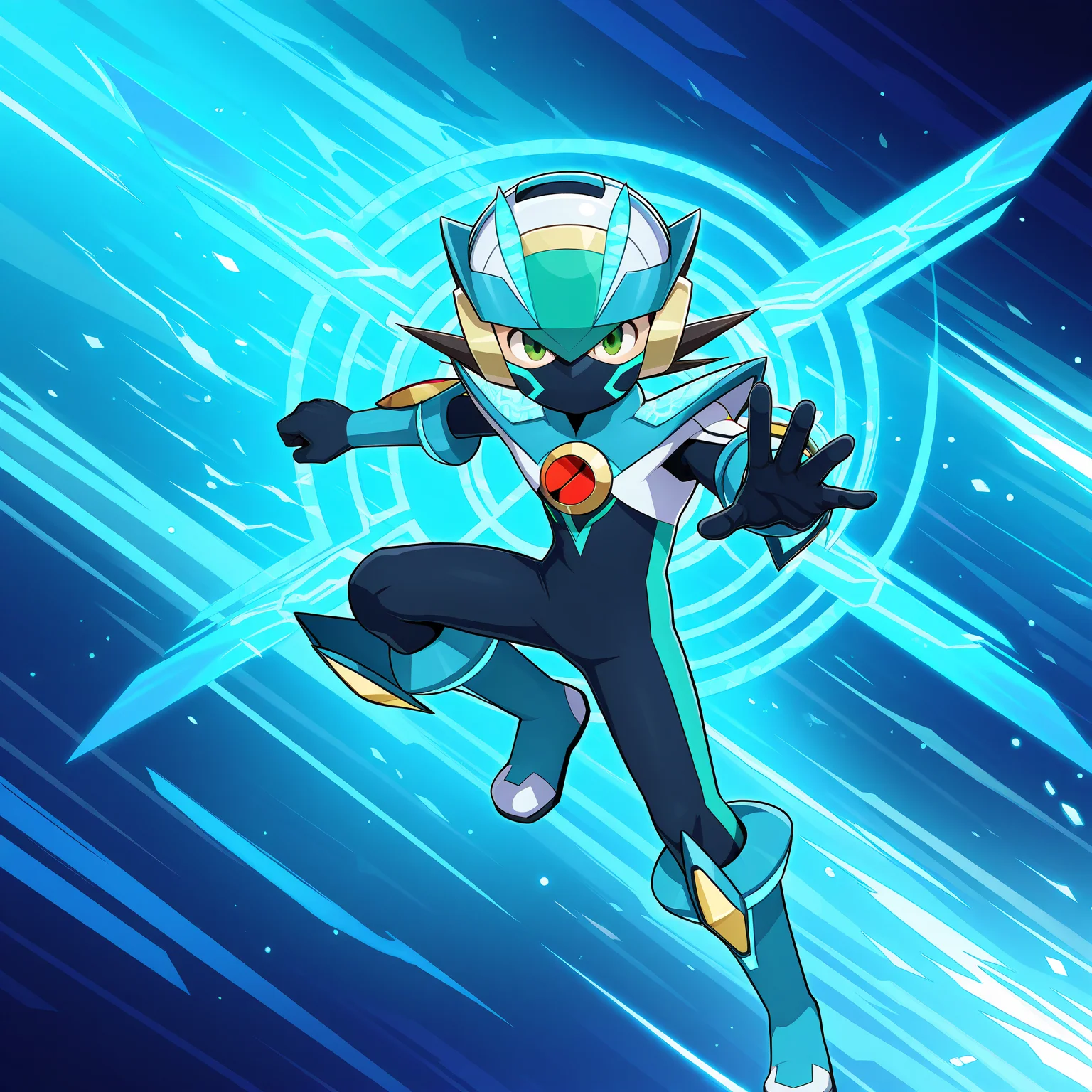masterpiece,best quality,amazing quality,masterpiece,megaman.exe,x dive armor,1boy,male focus,helmet,solo,bodysuit,full body,armor,blue armor,boots,blue footwear,black bodysuit,looking at viewer,green eyes,leg up,fighting stance,shoulder armor,mask,gloves,official art,<lora:DiVE_Cross>,