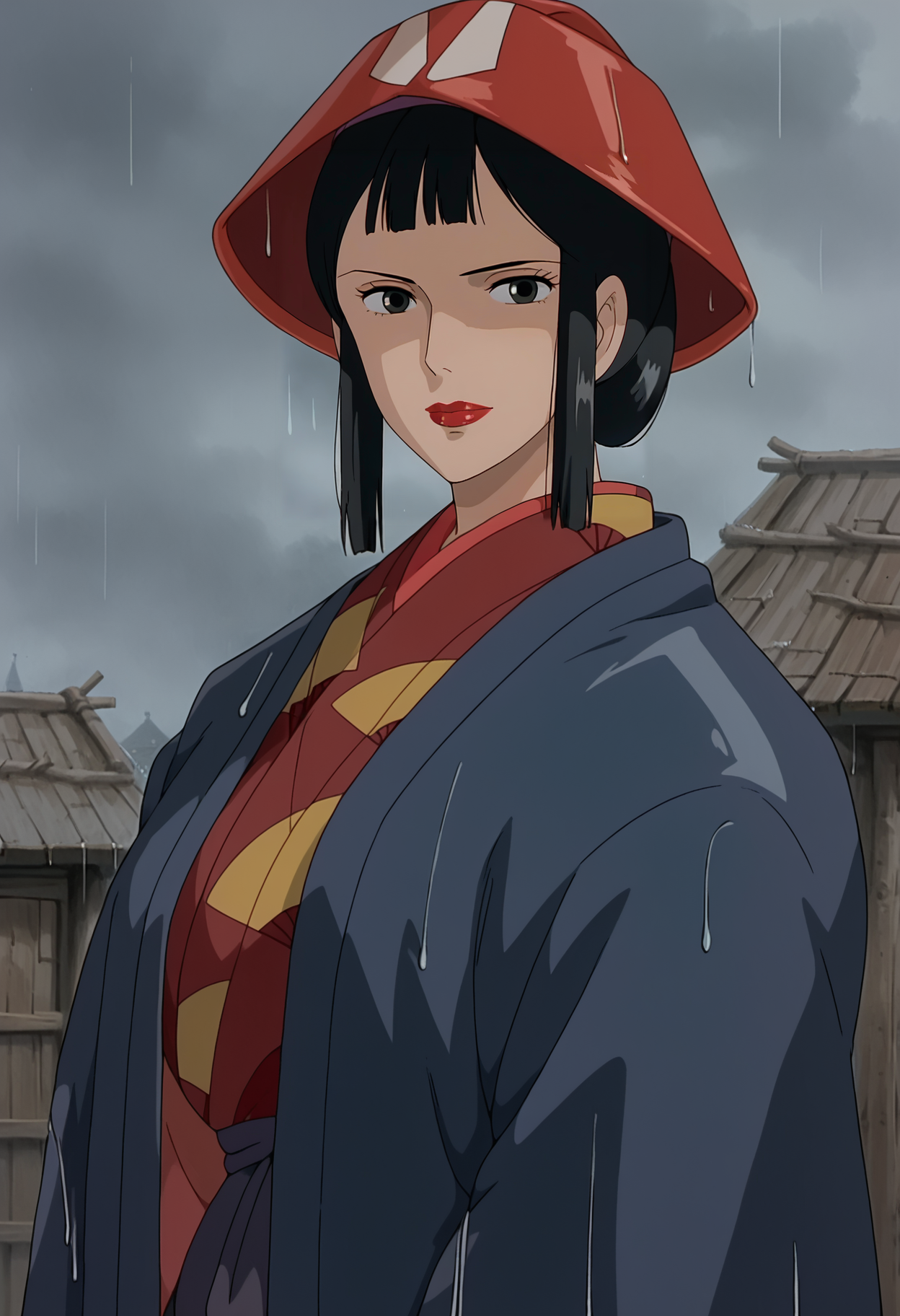 <lora:Eboshi_Gozen-Mononoke_Hime:0.9>,Eboshi,mature female,1girl,solo,black hair,black eyes,lipstick,breasts,japanese clothes, kimono,hat,outdoors,rain,looking at viewer