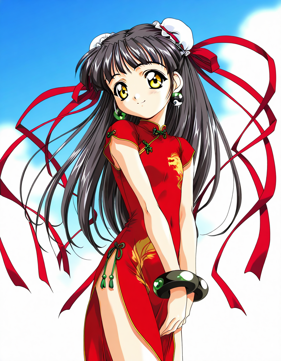 masterpiece, best quality, good quality, <lora:Kounyan_Spiral_NAMI_IS:1>Kounyan, black hair, long hair, double bun, hair bun, bun cover, yellow eyes, ribbon, earrings, flat chest, green jewelry, 2000s \(style\),anime coloring,  short stack,
1girl, solo, chinese clothes, china dress, red dress, smile,
bracelet, short hair, v arms,
blue sky,