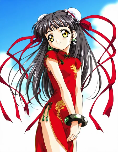 masterpiece, best quality, good quality, <lora:Kounyan_Spiral_NAMI_IS:1>Kounyan, black hair, long hair, double bun, hair bun, bun cover, yellow eyes, ribbon, earrings, flat chest, green jewelry, 2000s \(style\),anime coloring, short stack,
1girl, solo, chinese clothes, china dress, red dress, smile,
bracelet, short hair, v arms,
blue sky,