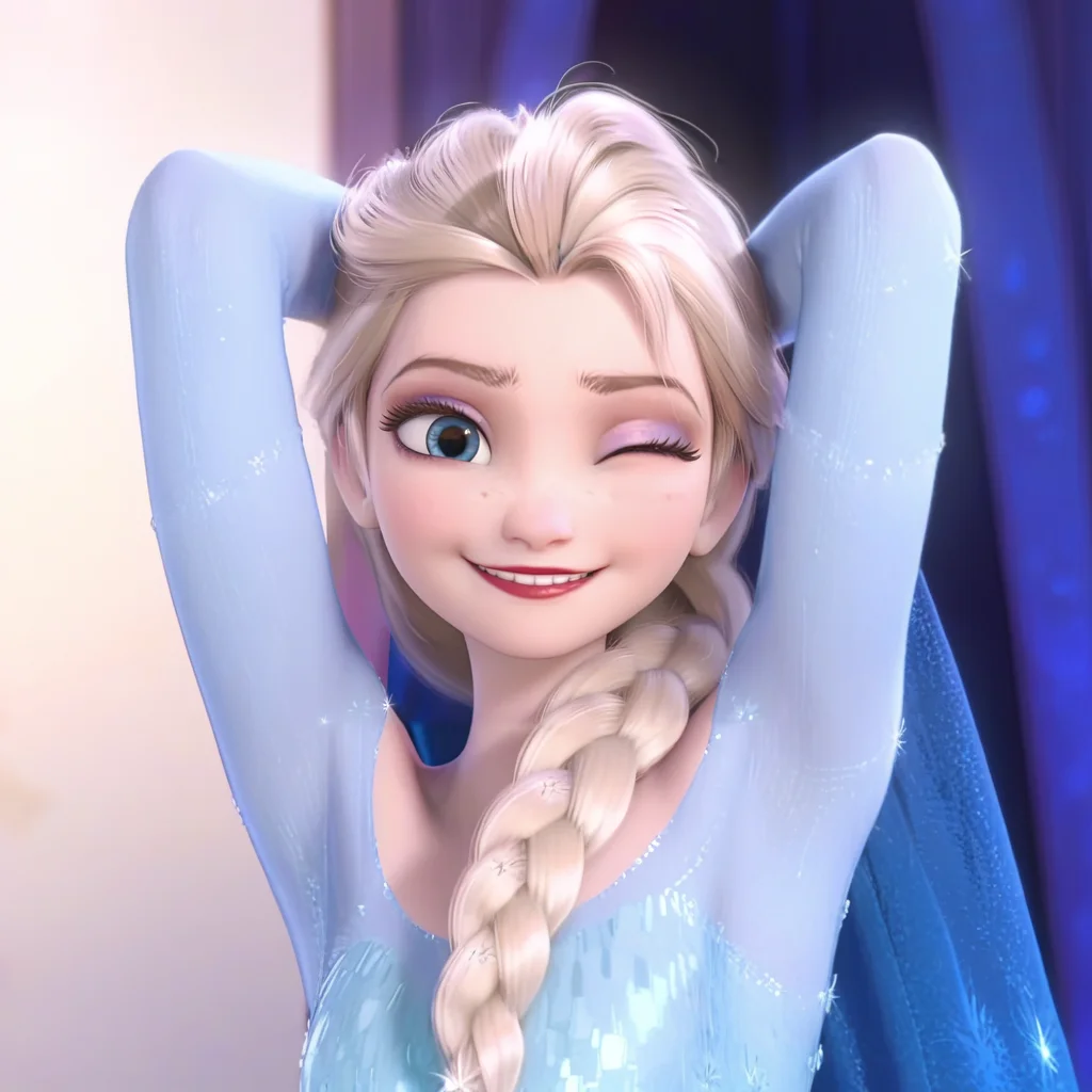 score_9, score_8_up, score_7_up, score_6_up, absurdres, best quality, <lora:elsa33:1> , elsa33, 1girl, long hair, blue eyes, blonde hair, dress, bare shoulders, braid, cape, blue dress, hair over shoulder, red lips, eyelashes, eyeshadow, makeup, frozen \(disney\), anime screencap, arms behind head, long sleeves, one eye closed, smile,