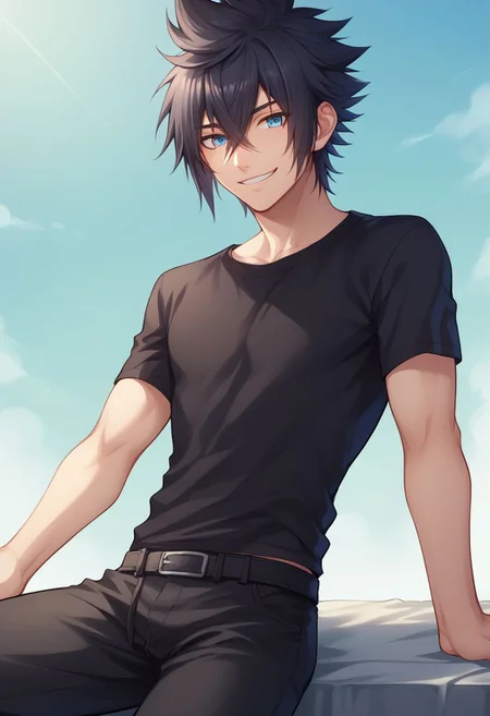 score_9, score_8_up, source_anime, highly detailed, 1boy, solo, male_focus,
noctis, 1boy, male focus, solo, blue eyes, shirt, black hair, spiked hair,
hair between eyes, pants, short sleeves, black pants, smile,
outdoor,