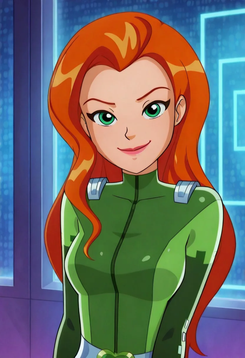 masterpiece, best quality, good quality, 1girl, solo, cartoon, totally_spies_2k24, sam, orange hair, green eyes, green bodysuit, sexy, medium breasts, beautiful, detailed, high detailed, very beautiful, detailed face, detailed eyes, detailed hand, abstract background, neon, smile, smug, looking at viewer, face focus