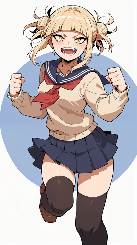 score_9,score_8_up,score_7_up,score_6_up, source_anime, girl, dynamic pose, thoughtful pose, <lora:Crestyle_epoch_9:0.7>, crestyle, artstyle, <lora:Himiko Toga - Pony:0.7> blonde hair, blunt bangs, double bun, messy hair, yellow eyes, serafuku, beige sweater, blue skirt, pleated skirt, sailor collar, red neckerchief, blue collar, black thighhighs, fangs, simple background, textured background, paper texture,
