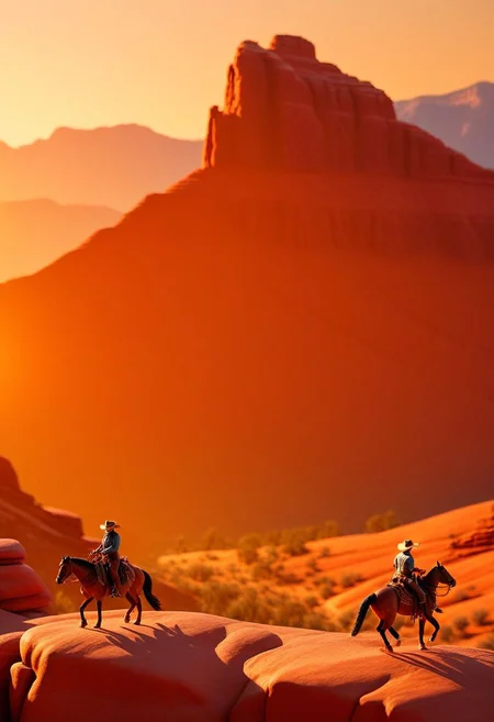 ispzxll, diorama, isometric, miniature, volumetric lighting style, intricate details, old west, americain frontier, wild west, cowboy era, desert, rocky mountains, red rocks, riding horseback, race, horse, fast, mountain view, dynamic frame, long shadows, golden hour, epic
