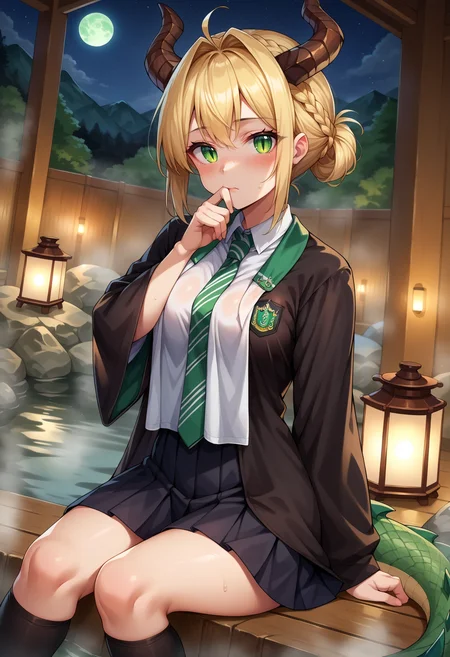 score_9, score_8_up,score_7_up, source_anime, rating_questionable, 1girl, solo, <lora:EPRobeSlytherinPDXL:1.0>, EPRobeSlytherin, wearing EPRobeSlytherin, black robe, green necktie, diagonal-striped necktie, white shirt, collared shirt, badge, wide sleeves, black skirt, pleated skirt, black legwear, kneehighs, ,detailed_background,indoors,slit pupils,hand to mouth,onsen,crown braid,full moon,breasts,dutch angle,animal ears,moon,rock,dragon tail,blush,braid,covered mouth,white towel,looking at viewer,outdoors,lantern,naked towel,towel,night,night sky,sitting,tail,horns,skeb commission
