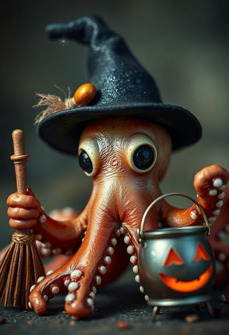 A charming, bright-eyed octopus sports a miniature, pointed witch's hat, its brim adorned with a delicate, sparkling broom. The octopus's eyes, shining like two bright, black jewels, sparkle with excitement as it gazes out from beneath its witchy disguise. One of its tentacles grasps a tiny, wooden broom, its bristles perfectly proportioned to the octopus's miniature size. Another tentacle holds a cauldron-shaped candy pail, its metal surface adorned with a miniature, glowing jack-o'-lantern face. The atmosphere is playful and lighthearted, with a hint of spooky, Halloween fun. The octopus's very presence seems to radiate a sense of joyful, mischievous energy, as if it's ready to cast a spell of delight on all who encounter it. highest-Quality, intricate details, visually stunning, Masterpiece