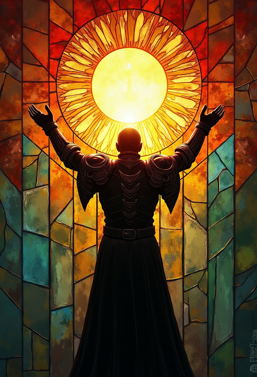 An abstract stained glass of a Solaire from dark souls in full armor with sigils of the sun praising the sun with both hands outstretched above his head. He is facing away from the viewer. The backdrop is composed of glass-like panels that transition from warm reds and yellows near the center to calming blues and greens toward the periphery. The shards are separated by metallic outlines, creating a glowing mosaic effect. The subject itself is a stark silhouette, contrasting beautifully against the vibrant, light-filled fragments surrounding it.