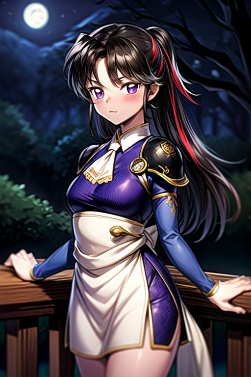 best quality 1girl Setsun4 solo long hair,  (night time) forest background black hair very long hair purple eyes multicolored hair armor, small, (fur trim) (medium body),<lora:EMS-179-EMS:0.800000>,<lora:EMS-293862-EMS:0.800000> bow, hair_bow, hair_tubes, red_bow, brown_hair, long_hair, bangs, ascot, frilled_bow, yellow_ascot, blush, smile, hair_between_eyes, athletic, armor, miko, ,(((intricate outfit,intricate clothes,embroidered outfit,ornate outfit,embroidered clothes,ornate clothes))), strengthmda