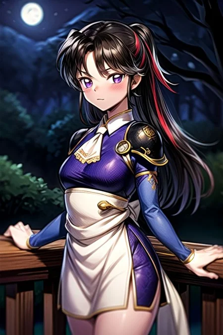 best quality 1girl Setsun4 solo long hair, (night time) forest background black hair very long hair purple eyes multicolored hair armor, small, (fur trim) (medium body),<lora:EMS-179-EMS:0.800000>,<lora:EMS-293862-EMS:0.800000> bow, hair_bow, hair_tubes, red_bow, brown_hair, long_hair, bangs, ascot, frilled_bow, yellow_ascot, blush, smile, hair_between_eyes, athletic, armor, miko, ,(((intricate outfit,intricate clothes,embroidered outfit,ornate outfit,embroidered clothes,ornate clothes))), strengthmda