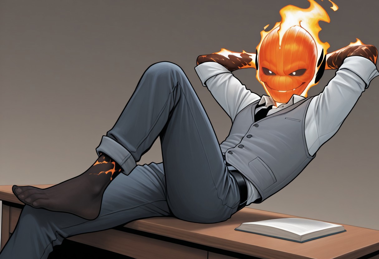 masterpiece, absurdres, high quality, perfect anatomy, 1boy, solo, cute boy, male focus, doyle, Orange Fire, Black Scelera, colored scelera, white shirt, grey vest, belt, sleeves rolled up, smug smile, sitting in desk, hands behind head, leaning back, feet on desk, cinematic, intricately detailed illustration, depth of field, masterpiece, best quality, amazing quality, very aesthetic, absurdres, newest, very awa,  shadow, dynamic angle, casual cosplay, dynamic pose, simple background,