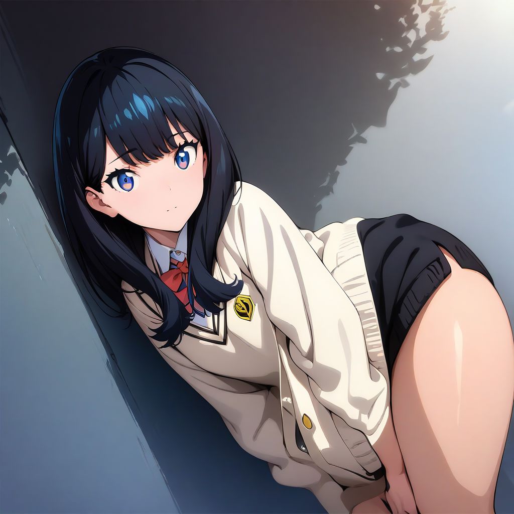 (masterpiece),(best quality),(ultra-detailed),(best illustration),(best shadow),(absurdres),(detailed background),(very aesthetic), looking at viewer, 1girl, solo, takarada rikka, blue eyes, black hair, long hair, bangs, thick thighs, leaning on the wall,