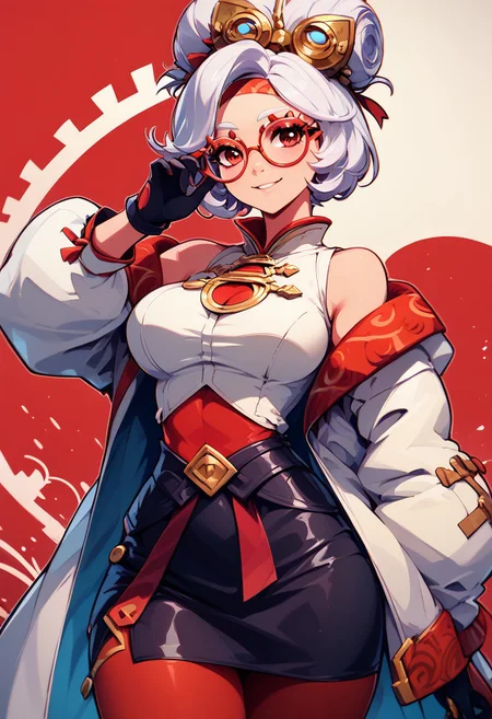 score_9, score_8_up, score_8, big breasts, (curvy), cute, eyelashes,
rating safe,
BREAK,
purah, hair ornament, red headband, red glasses, sleeveless shirt, white coat, black skirt, red leggings, gloves,
BREAK,
dynamic pose, adjusting glasses,
smile, looking at viewer,
abstract background, gears in background, white outline, cowboy shot,
zPDXL, Expressiveh