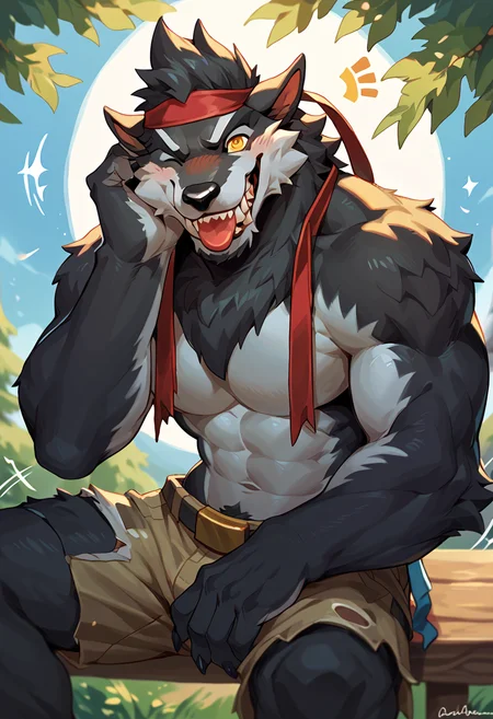 score_9, score_8_up, score_7_up, (male:1.2), solo, furry, anthro, canine, (muscular:0.3), bara, shirtless, black fur, yellow eyes, topless, blush, smiling, happy, looking at viewer, cute:1.2, sitting, tailwag, wink, grin, tongue out, <lora:Dire_Fortnite:1>, dire, fortnite, werewolf