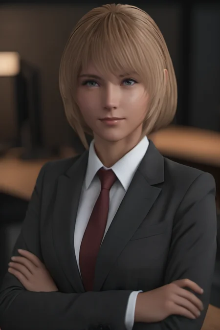 cinematic photo Best quality,masterpiece,highres,realistic,photorealistic,1girl,mid_telamon,looking at viewer,<lora:mid_sdxl_V2:0.7>,business suit,office, . 35mm photograph, film, bokeh, professional, 4k, highly detailed