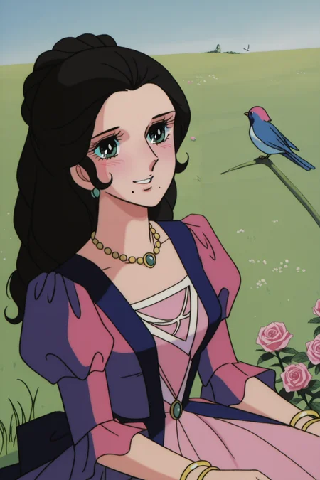<lora:VersaillesnoBara:1>, VersaillesnoBara, retro artstyle, 1girl, mole under mouth, mole, black hair, bird, long hair, solo, flower, jewelry, smile, detached sleeves, rose, sitting, pink rose, dress, bracelet, aqua eyes, pink flower, grass, necklace, braid, day, green eyes, blush, outdoors
