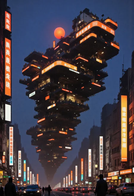 Chaotic floating megastructure, buildings, cars, people, nothing obeys gravity anymore. They hover, weightless, like forgotten memories. gantz-advancedsuit, osaka \(city\), doutonbori, midnight, neon sign, gantz advanced suit, orange sphere in background, highly detailed, high budget, cinemascope, moody, epic, gorgeous, film grain, grainy, Jagged rips in space-time, pulsating with the sickly glow of neon orange, electric blue, or radioactive green, synthetic mist, hiding secrets, silhouettes, and the occasional ghost of the old world. Trackmania